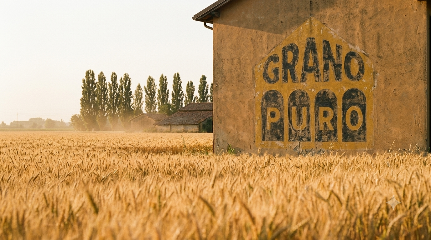 A faded Grano Puro sign painted on an old farmhouse beside a wheat field in Reggio Emilia, Italy